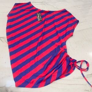 Pink and blue asymmetrical stripe shirt with adjustable side.